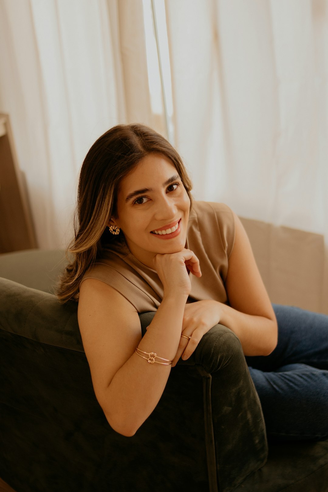 Portrait of a European female television host with short hair